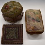 Three 19thC embroidery and beadwork footstools including carved and mahogany examples, largest