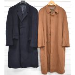 Two large wool and cashmere gentlemans overcoats, the tan example Bugatti size 44R, the black