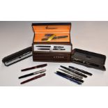 Parker Duofold, Slimfold and Junior fountain pens with 14k gold nibs and other pens including