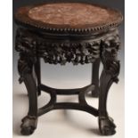 19th/20thC Chinese marble inset padauk table / jardinière stand, diameter 43 x H43cm