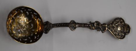 Victorian hallmarked silver sifter spoon with ornate handle, London 1884, maker Jesse Earls,
