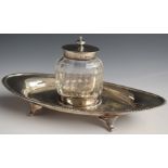 Edward VII hallmarked silver standish or inkwell with cut glass, silver lidded inkwell to the centre