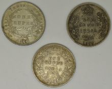 East India Company Queen Victoria 1840 one rupee, together with an 1892 Empress example and an