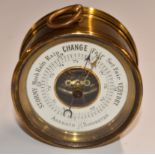 French brass aneroid travel dial barometer, the white chapter ring dial with black contrasting