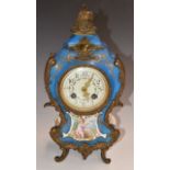 19thC French mantel clock in champlevé enamel case with ormolu mounts, decorated with putto and