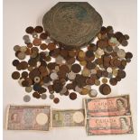 A collection of overseas coinage, 18thC onwards, includes Jetons etc and some banknotes, contained