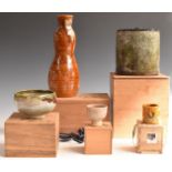 A collection of Japanese studio pottery tea ceremony ware, mainly Ohi ware by Choamu Ohi, in