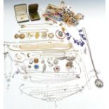A collection of costume jewellery including vintage brooches, vintage necklaces, silver filigree