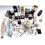 A collection of costume jewellery including watches, silver earrings, silver necklace, necklaces,