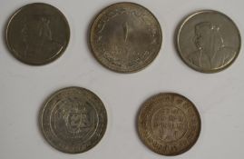 Five silver coins including Bahrain, Oman, India etc
