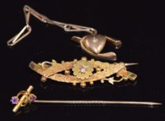 A 15ct gold brooch set with a diamond, Birmingham 1895, 3.3g, section of rose gold (1.4g) and 9ct