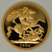 Queen Elizabeth II 1980 proof gold full sovereign, cased with certificate