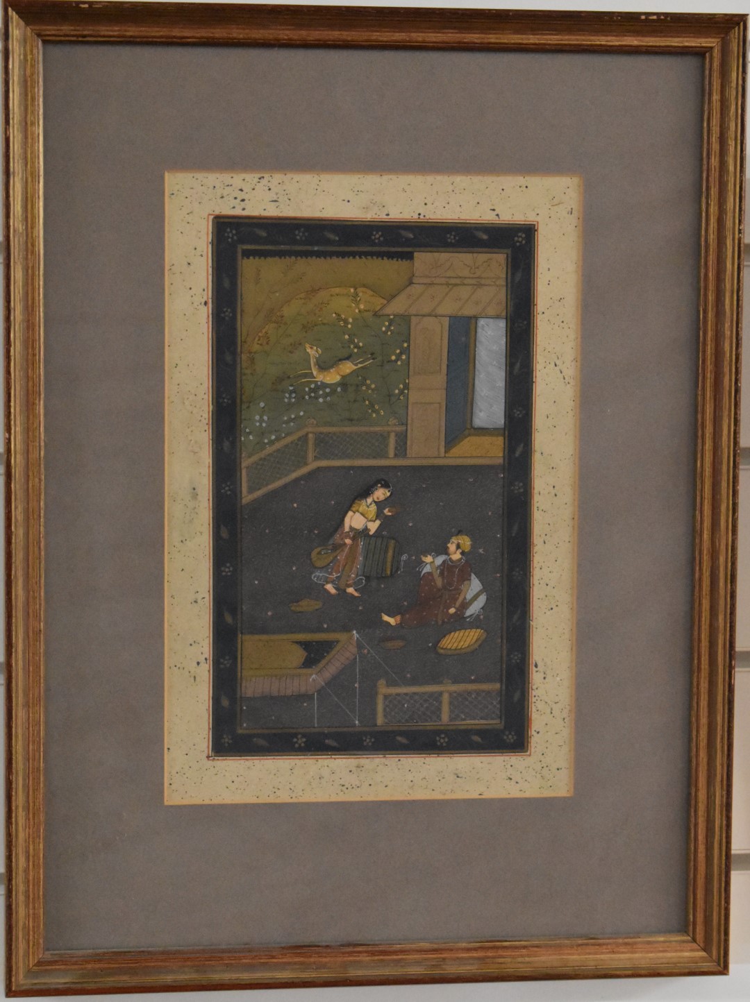 Two Persian watercolours comprising a female musician serenading a seated man and a couple in a - Image 6 of 17