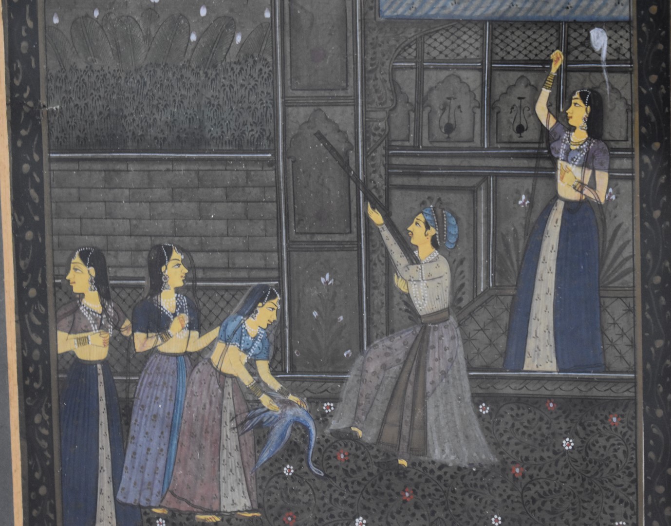 Three Persian watercolours comprising court scenes, lovers embracing and a hunting scene, largest 24 - Image 6 of 19
