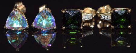 Two pairs of 9k gold earrings, one pair set with mystic topaz and the other tourmaline and white