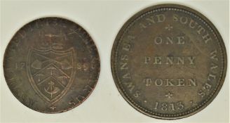 Cambrian Pottery Swansea and South Wales copper penny token 1813 together with an Associated Irish
