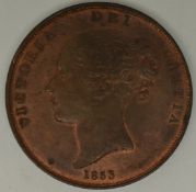 Queen Victoria 1853 copper penny, EF - near uncirculated, some lustre