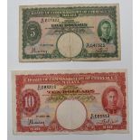 Malaya 1st July 1941, 5 dollar note and 10 dollar note