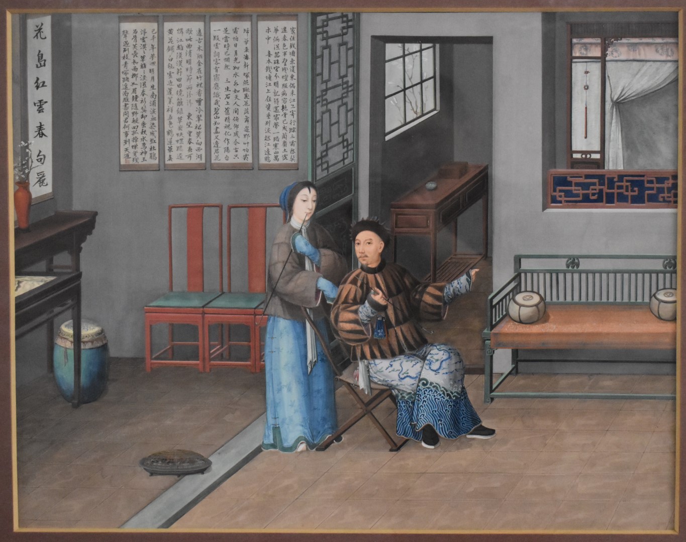 Large 19th/20thC Chinese watercolour of a couple with opium pipes, entitled verso 'A retired - Image 3 of 10