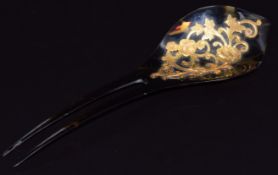 A late Victorian tortoiseshell hairslide with inset 9ct gold scrolling design, Birmingham 1898