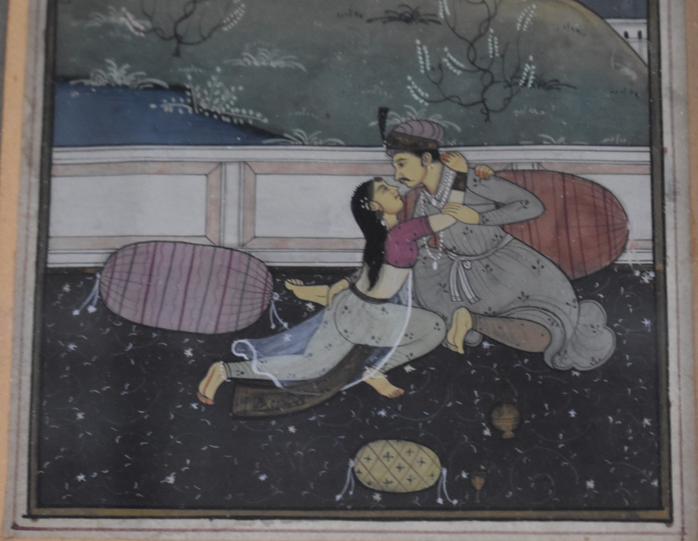 Three Persian watercolours comprising court scenes, lovers embracing and a hunting scene, largest 24 - Image 13 of 19