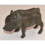 Roman bronze boar or pig with rope halter and bell, pronounced eyes, flattened snout and lined