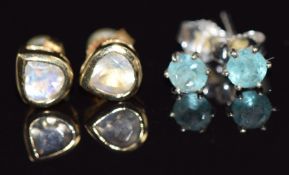 Two pairs of 9ct gold earrings, one pair set with apatite and the other moonstone, 2.2g