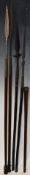 Four African tribal spears and a knobkerrie, Mozambique. Collected by Humphrey Llewelyn-James,