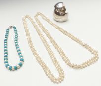 Two pearl necklaces, two silver bangles and a pearl and turquoise necklace