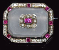 Art Deco brooch set with rubies, diamonds and rock crystal, 9.2g