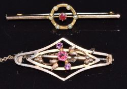 Two 9ct gold Edwardian brooches, one set with garnet and seed pearls, 5.2g