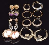A collection of 9ct gold earrings including cameo set, hoops, amethyst set etc, 12.6g