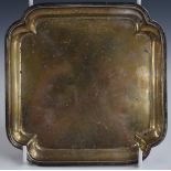 Edward VIII hallmarked silver salver or card tray, of square form, raised on four feet, Sheffield