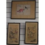 Chinese embroidery of a bird in a tree with a peony and a pair of pictures of mounted warriors,