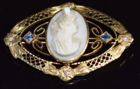 A 10k gold filigree brooch set with a cameo, sapphires and diamonds, 3.7 x 2.5cm