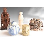 Chinese soapstone figure, ginger jar and cover, hardstone figure etc, tallest 23cm