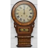 American late 19thC two-train spring driven drop dial wall clock, the case decorated with floral and