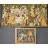 Two tapestries, one a grape harvest and wine making scene, the other a lion amongst foliage, both