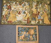 Two tapestries, one a grape harvest and wine making scene, the other a lion amongst foliage, both