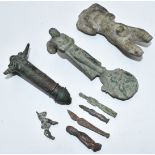 A collection of Roman bronze / metal artefacts, figures and handles including a horse, deities