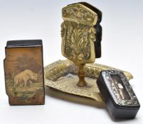Brass matchbox holder and to two lacquer snuff boxes
