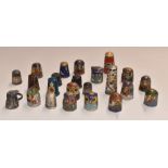 Cloisonné and silver thimbles comprising twelve formed as birds, six silver and white metal