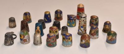Cloisonné and silver thimbles comprising twelve formed as birds, six silver and white metal