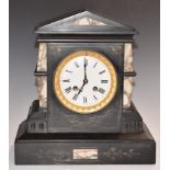 19thC slate mantel clock in architectural style case with marble decoration, enamel Roman dial