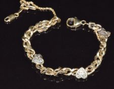 A 9ct gold bracelet of heart and curb links set with diamonds, 8g