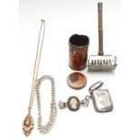 A Victorian 9ct gold pendant, silver curb link bracelet, silver vesta, Edward Glasgow pocket