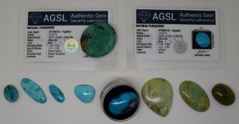 A collection of turquoise cabochons including Bisbee, two with certificates