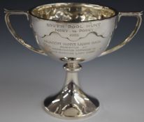 George V hallmarked silver two handled trophy cup with card cut decoration, Birmingham 1929, maker
