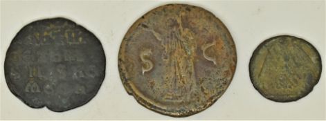 Three bronze Roman coins comprising Vespasian AS 76 AD, Constantine I and a Byzantine half follis