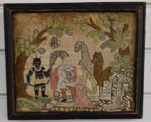 18th/19thC embroidery sampler decorated with figures and exotic animals